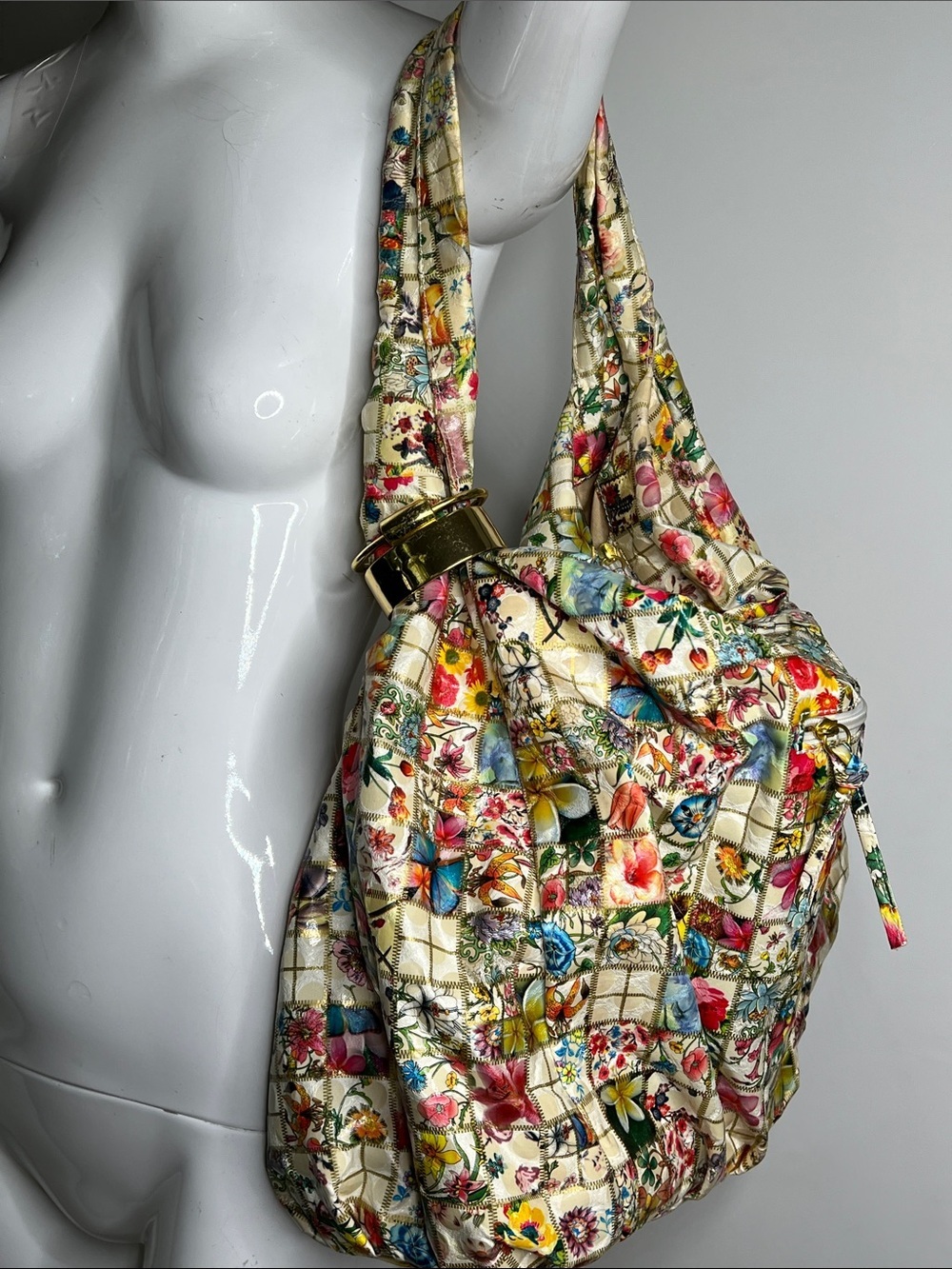 Large Slouchy Zip Hobo Bag Coated Nylon Botanical Floral Print Goldtone Hardware